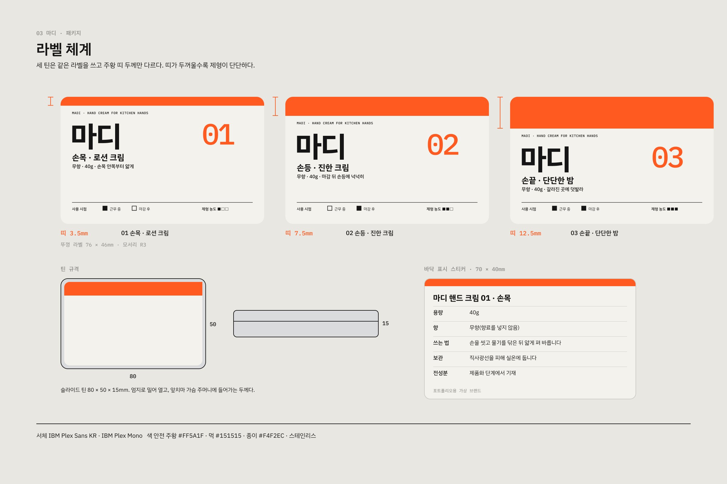라벨 체계 — 띠 3.5·7.5·12.5mm의 라벨 세 장, 틴 80×50×15mm, 바닥 표시 스티커