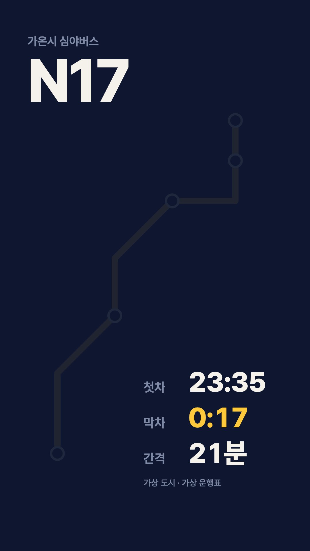 7.7초 고친 판 — 정류장 이름을 끄고 간격 21분, 가상 운행표 표기