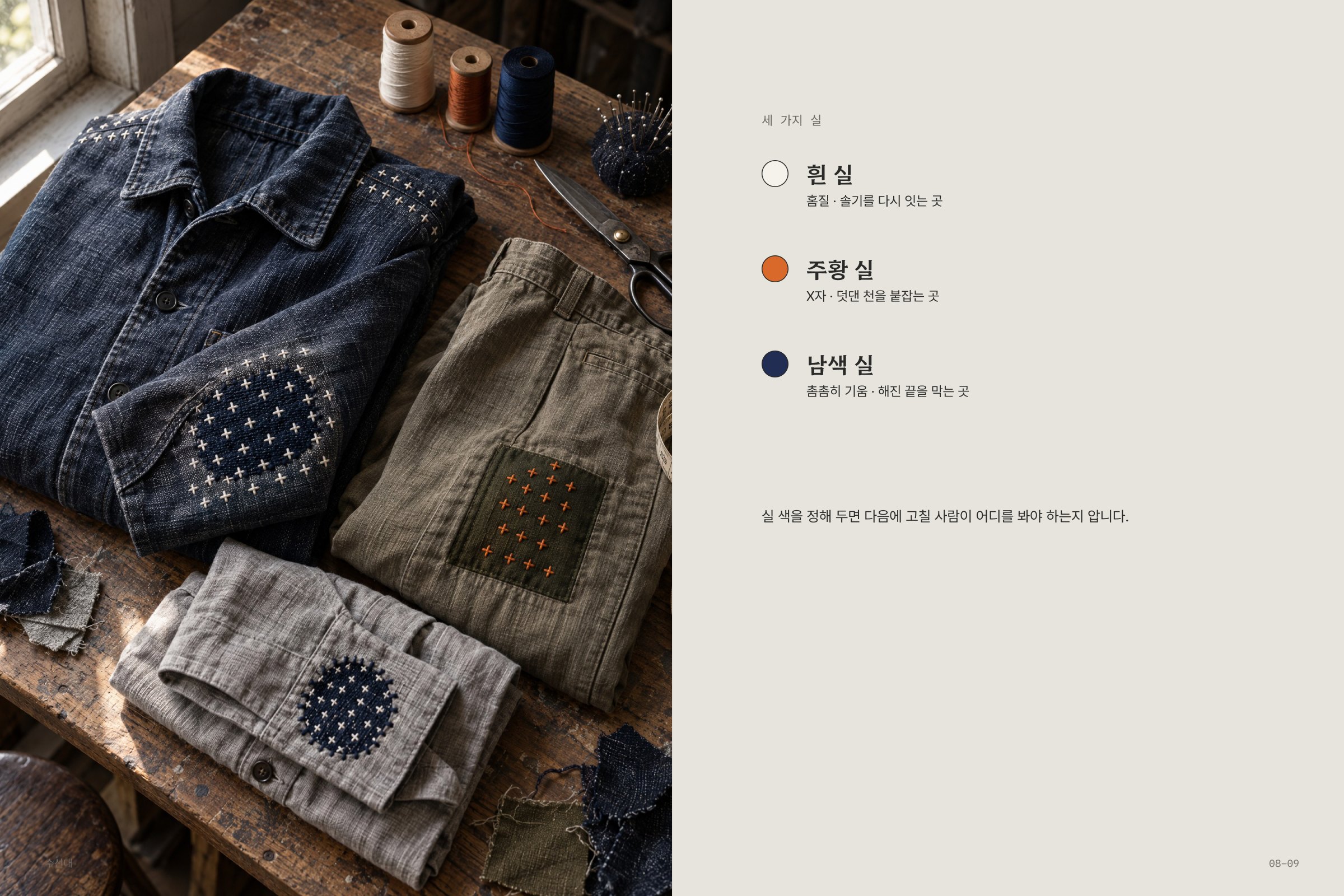 실타래와 가위가 놓인 수선대 위 세 벌과 흰·주황·남색 실의 쓰임