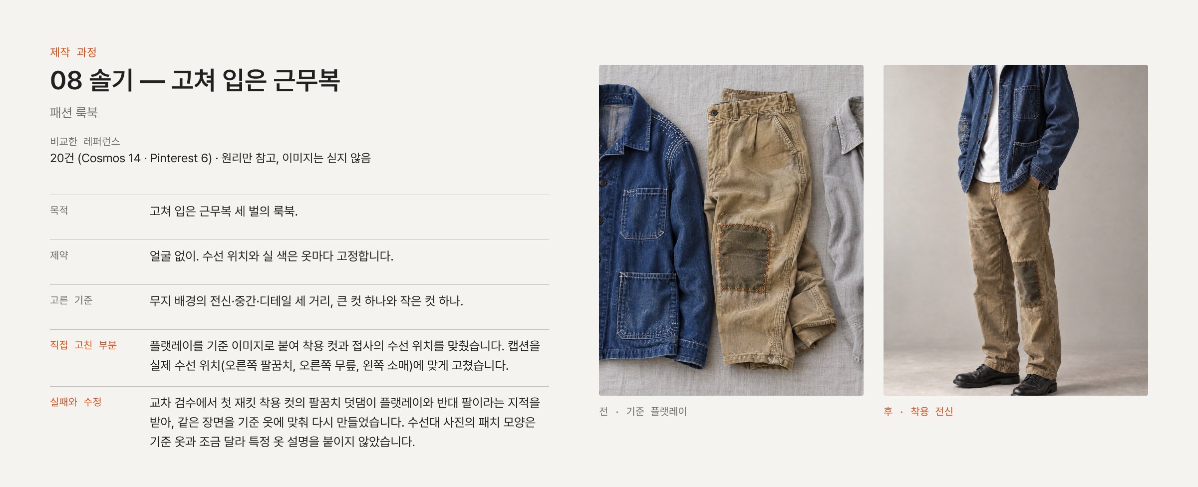 제작 과정 — 기준 플랫레이와 수선 위치를 맞춘 재킷 착용 전신